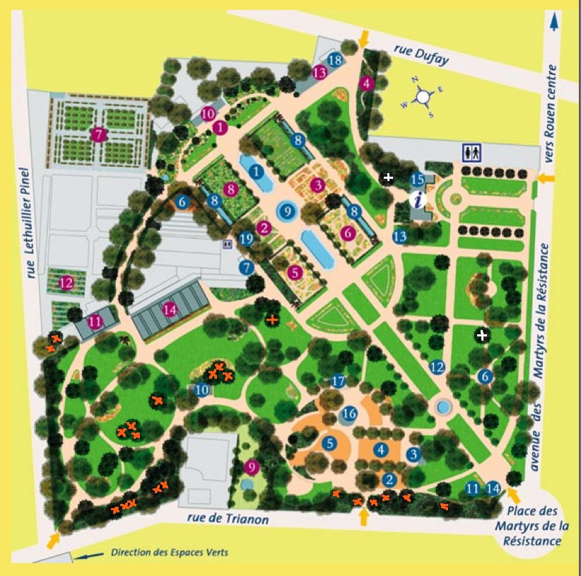 Les croix oranges vous permettent de localiser les 21 séquoias gants du Jardin des Plantes (Rouen)
